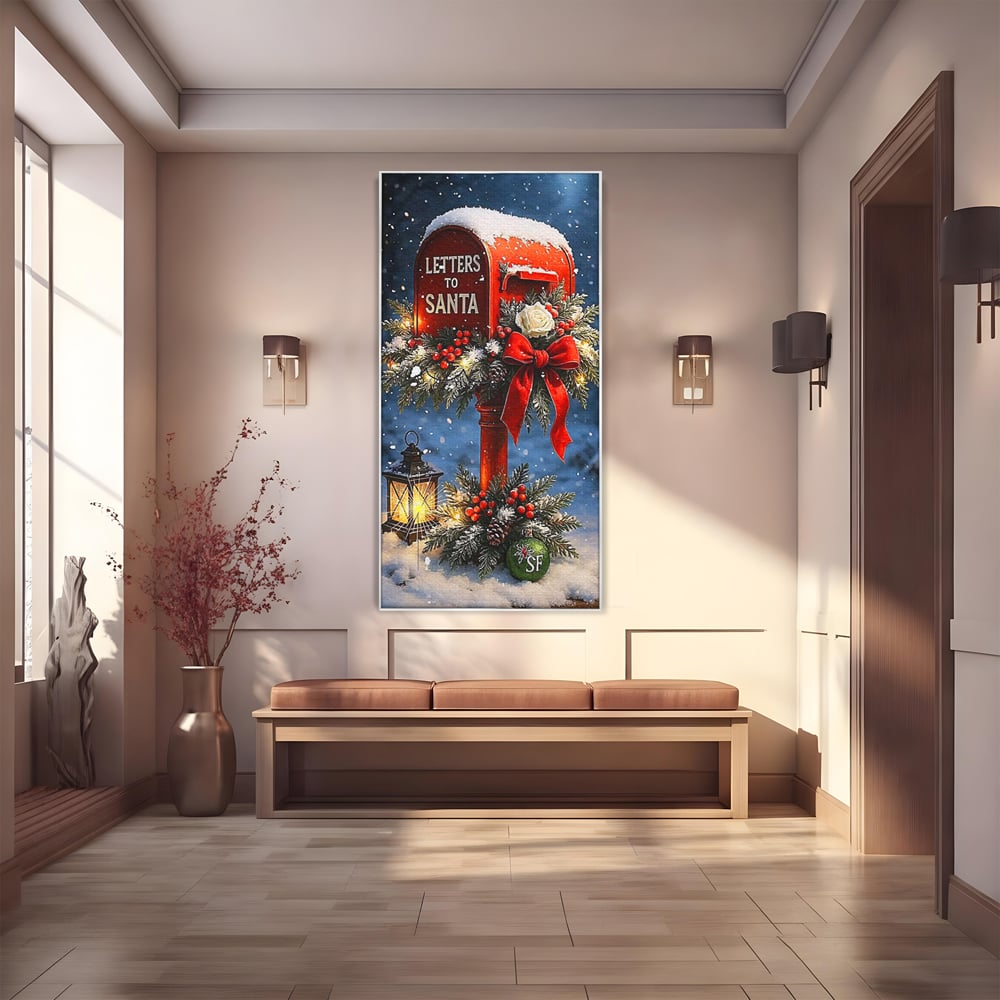 Tablou canvas cu tablou canvas cu cutie postala rosie pentru mos craciun, in rama de aluminiu argintiu